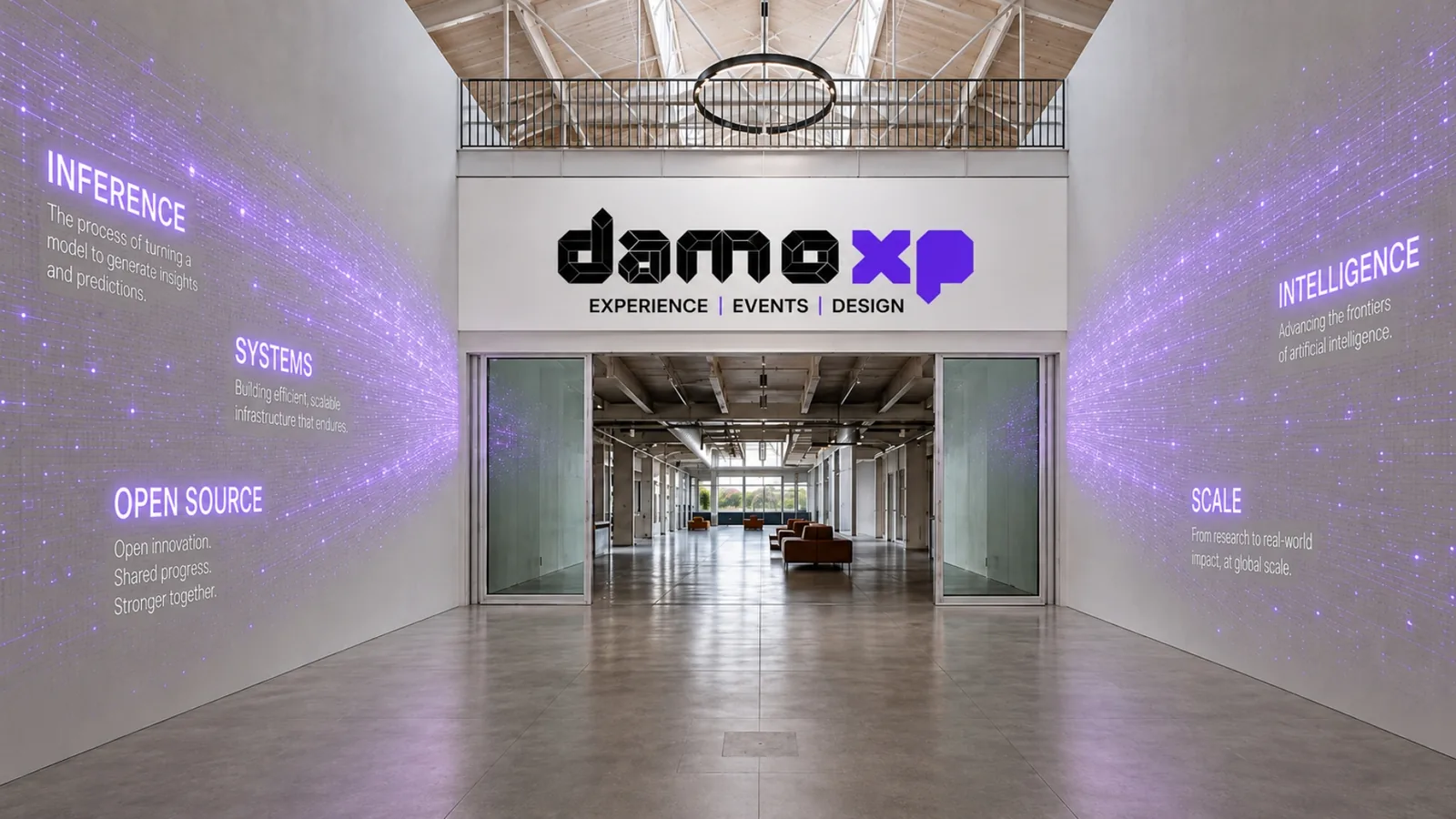 DamoXP branded entrance with interactive projection walls