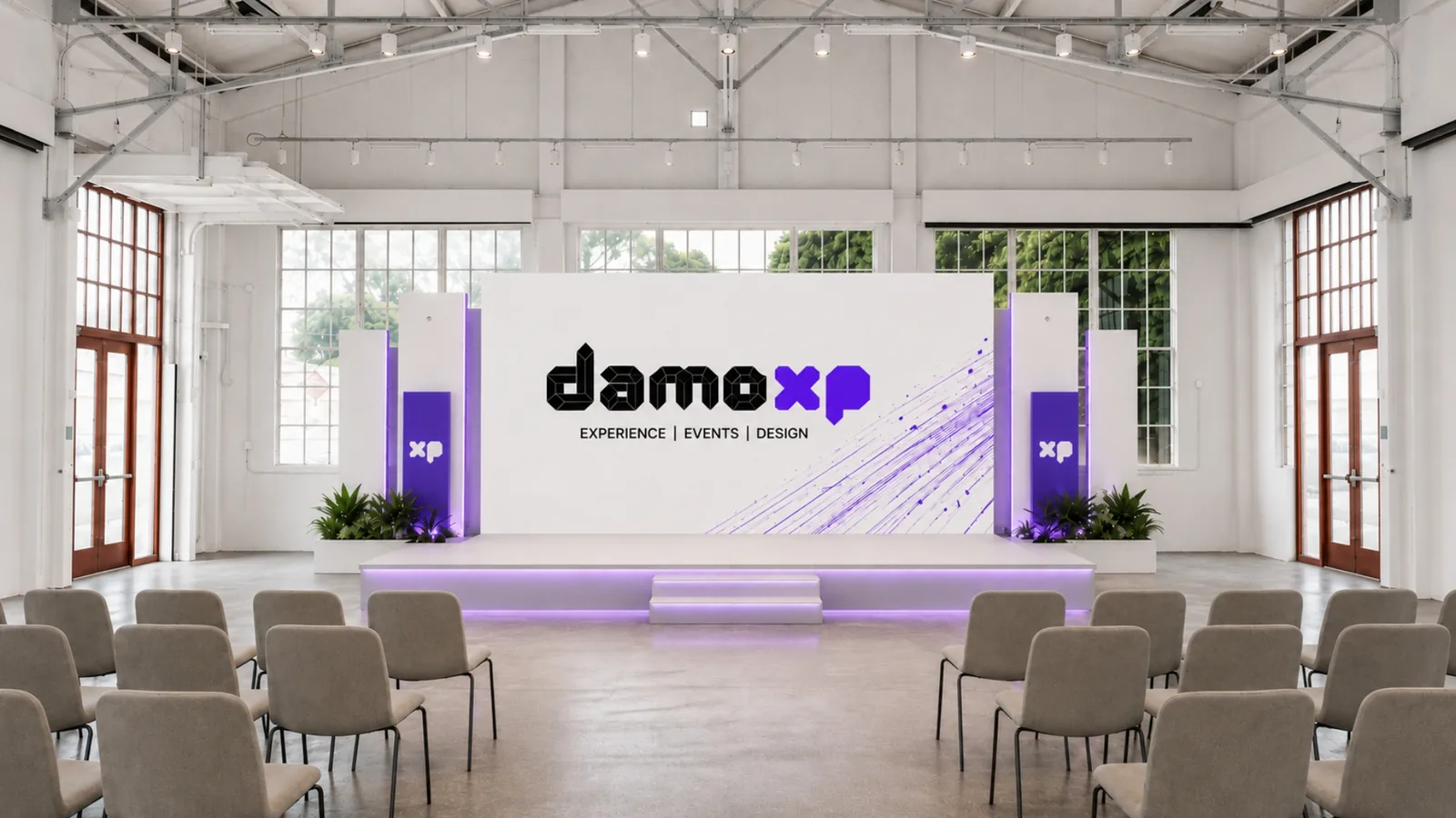 DamoXP main stage backdrop for a keynote setup