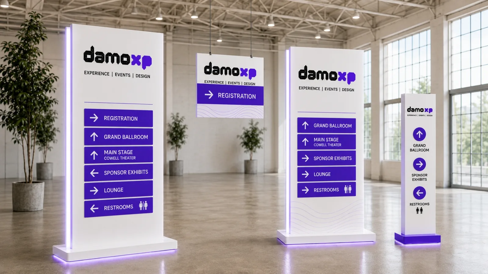 DamoXP wayfinding signage directing guests to event areas