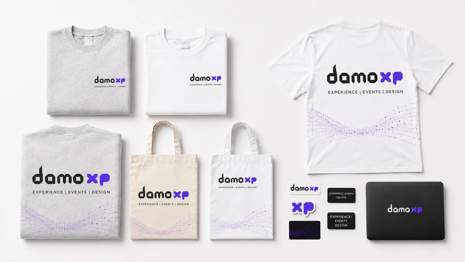 DamoXP branded merchandise — apparel, totes, and pins