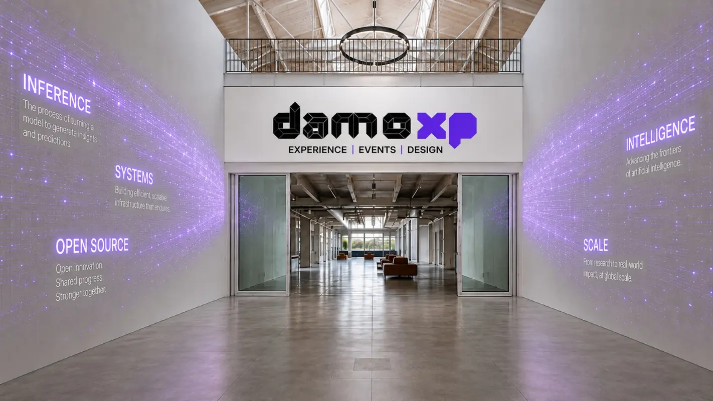 DamoXP branded entrance with interactive projection walls