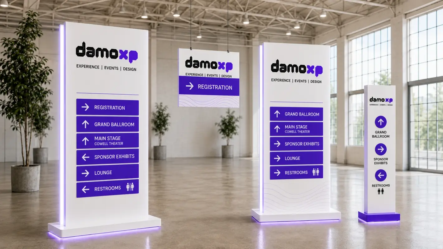 DamoXP wayfinding signage directing guests to event areas