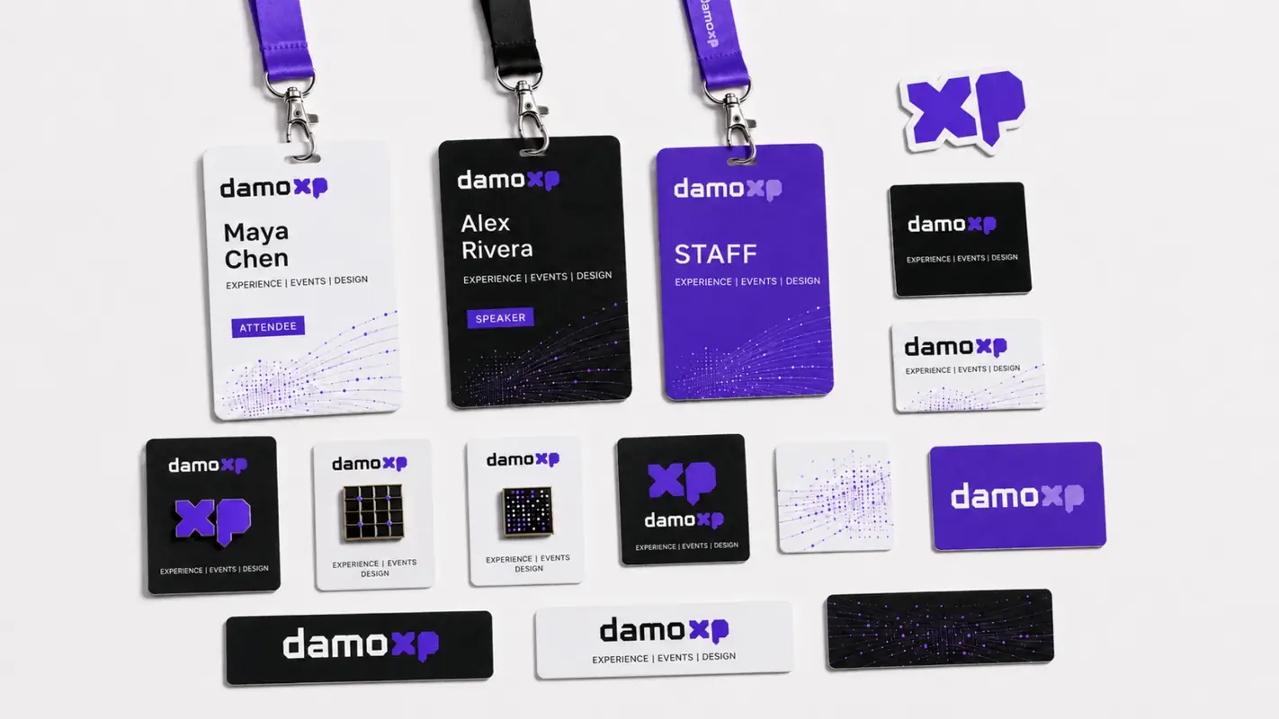 DamoXP attendee badges and lanyards