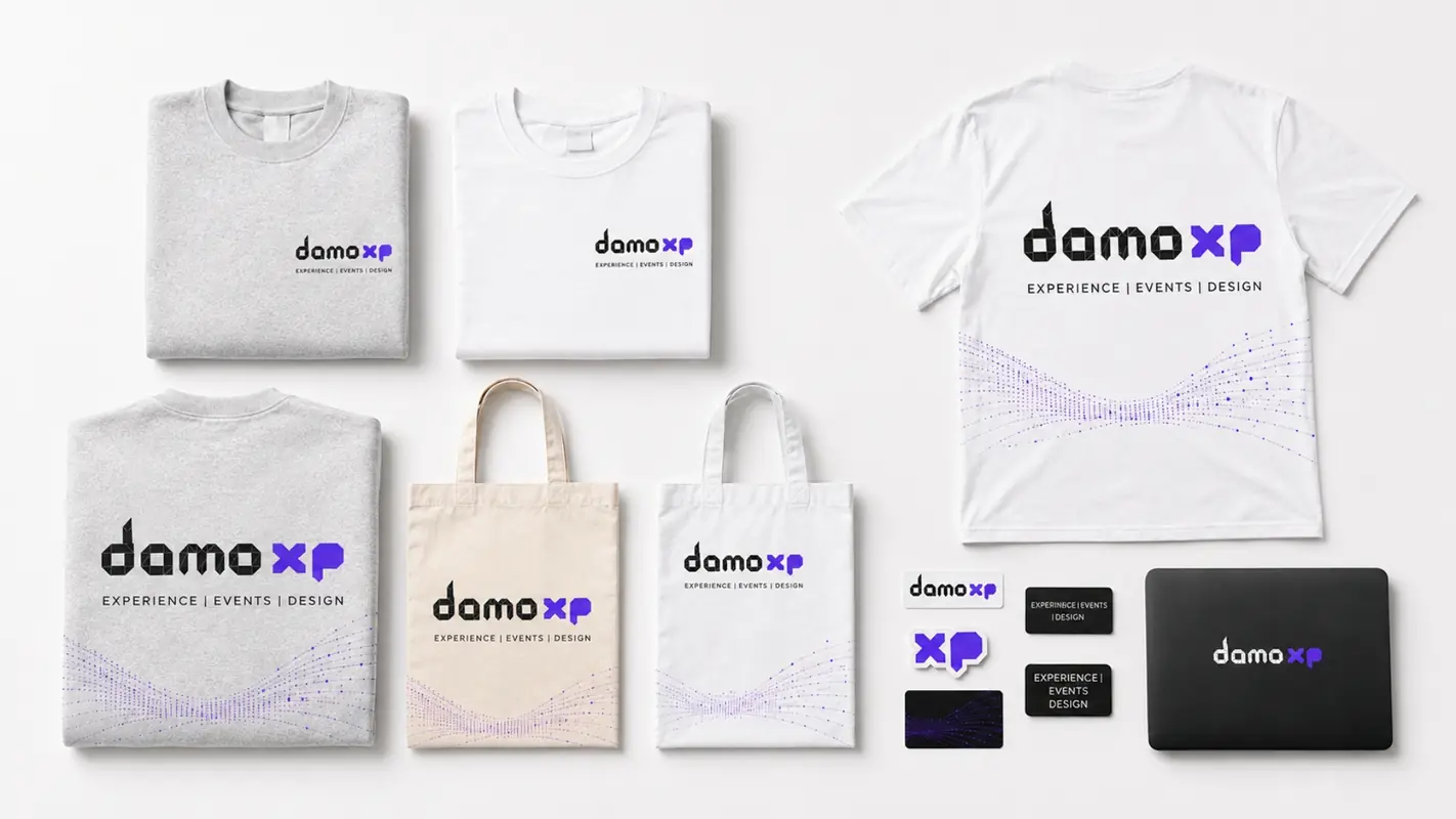 DamoXP branded merchandise — apparel, totes, and pins